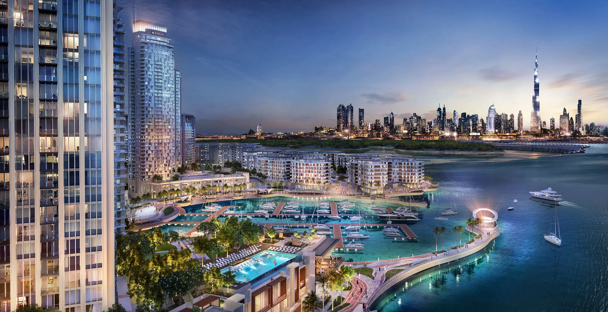 Rendering of Creek Marina at dusk with the Downtown Dubai skyline and Burj Khalifa across the water