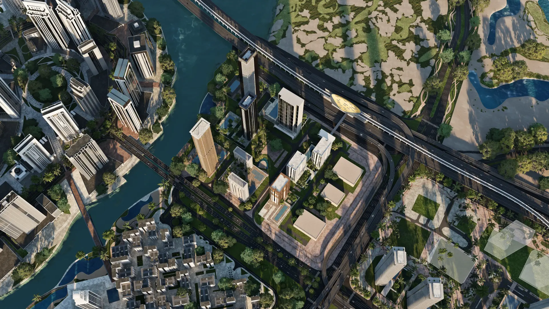 Emaar aerial rendering of the off-plan tower cluster beside the elevated Blue Line, between the canal and the main road