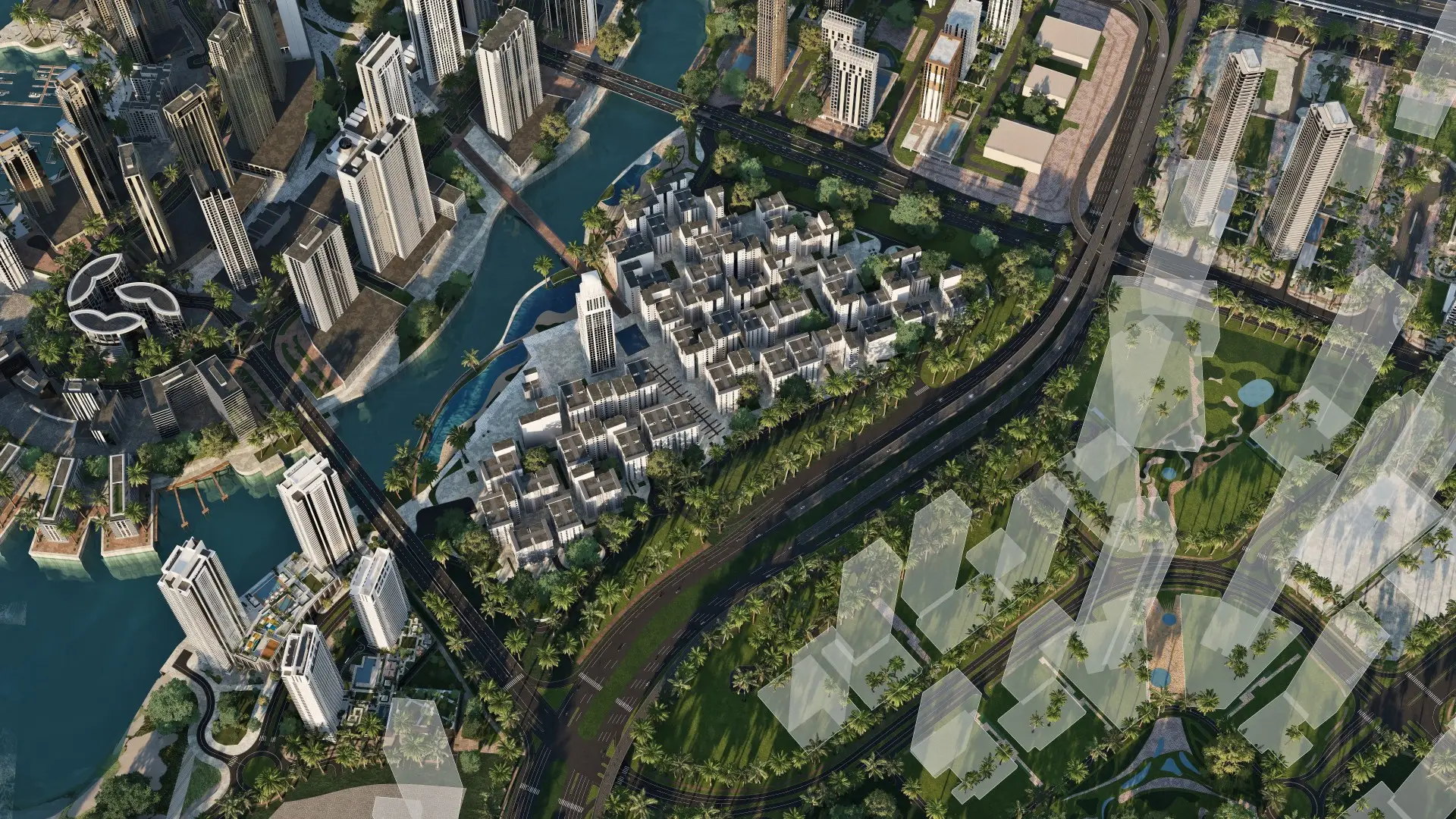 Emaar aerial rendering of the Creek Beach low-rise buildings between the canal and the main road, with Creek Island on the left