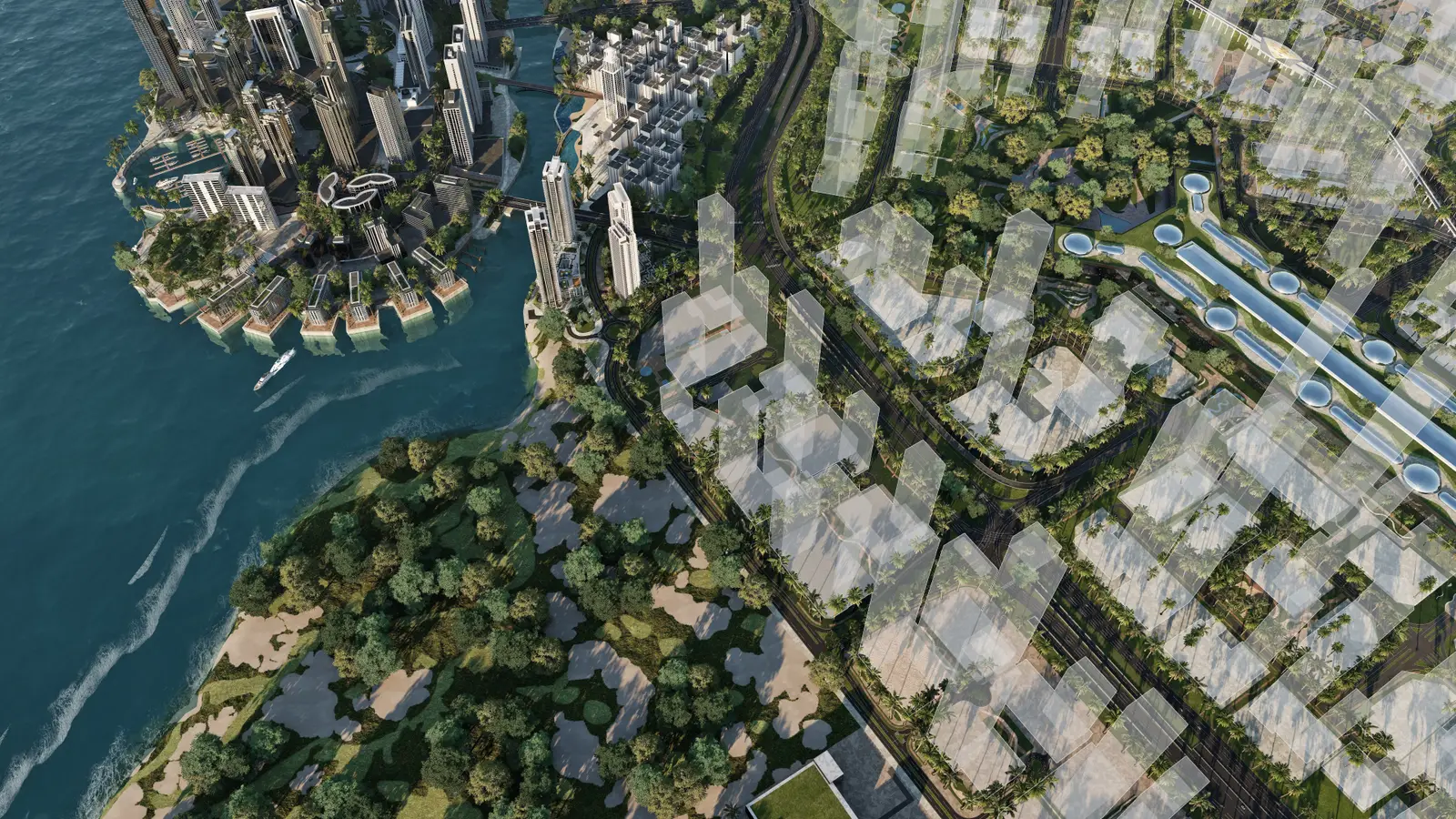 Emaar aerial rendering of Creek Haven and Creek Bay on the Creek shore, with Creek Island, the Ras Al Khor sanctuary and the Dubai Square spine
