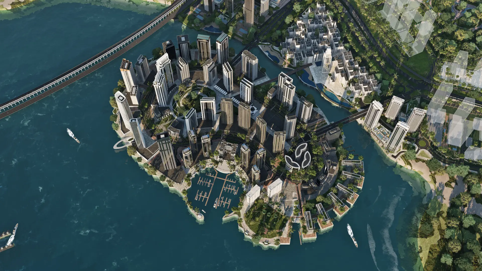 Emaar aerial rendering of Creek Island with its towers, marina basin and the low-rise Cove buildings on the southern tip