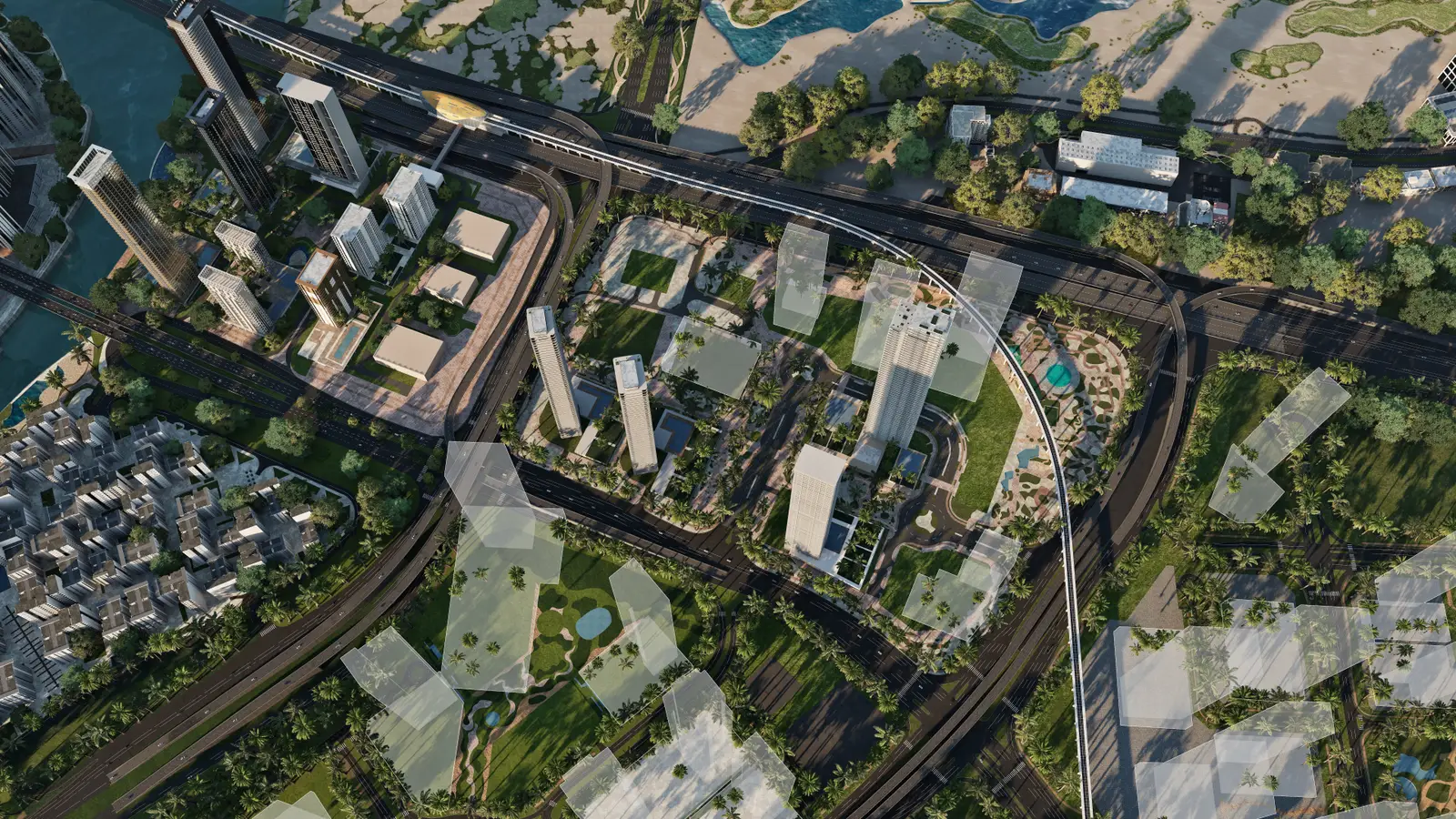 Emaar aerial rendering of the Green Gate towers beside the elevated Blue Line, with the Creek Beach low-rises to the left