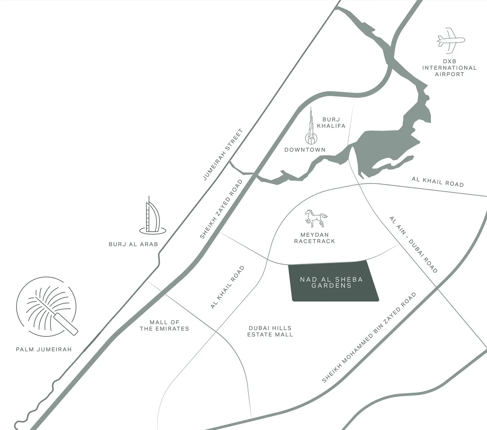 Meraas line map showing Nad Al Sheba Gardens south of Meydan, with Downtown Dubai, DXB, Dubai Hills and the coast