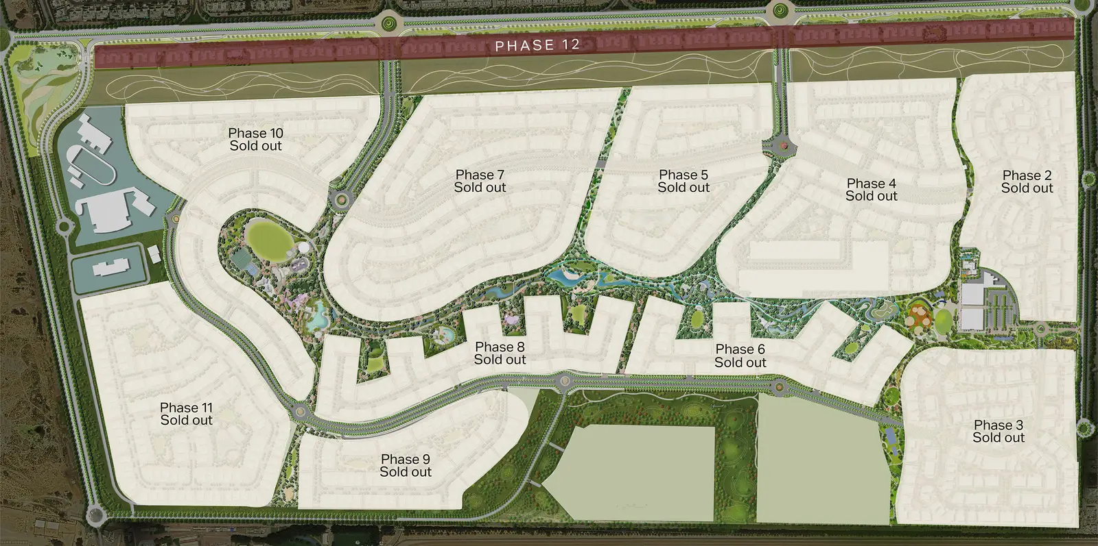 Meraas masterplan of Nad Al Sheba Gardens with Phases 2 to 11 marked sold out and Phase 12 along the northern edge