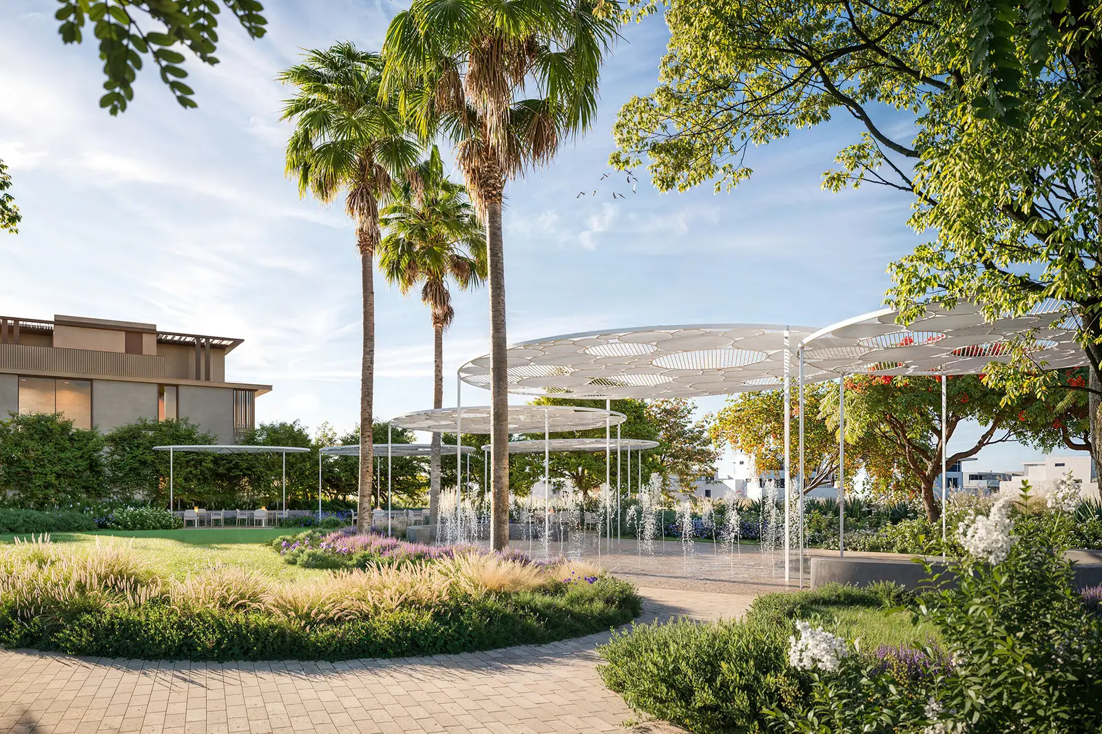 Rendering of shaded seating under palms in a Phase 12 park
