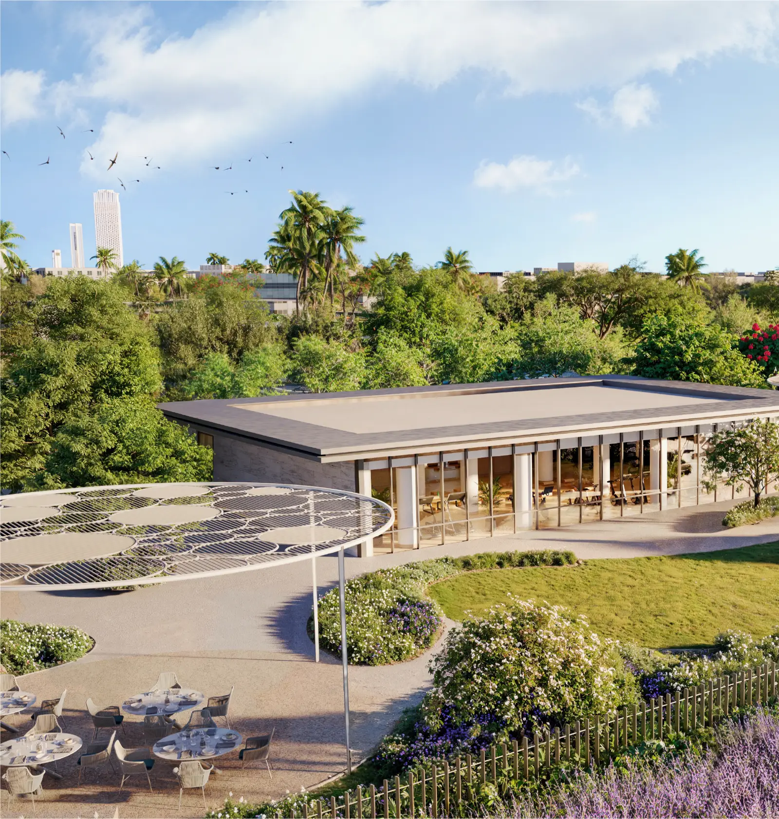 Rendering of a garden pavilion in Phase 12 with the Burj Khalifa on the skyline