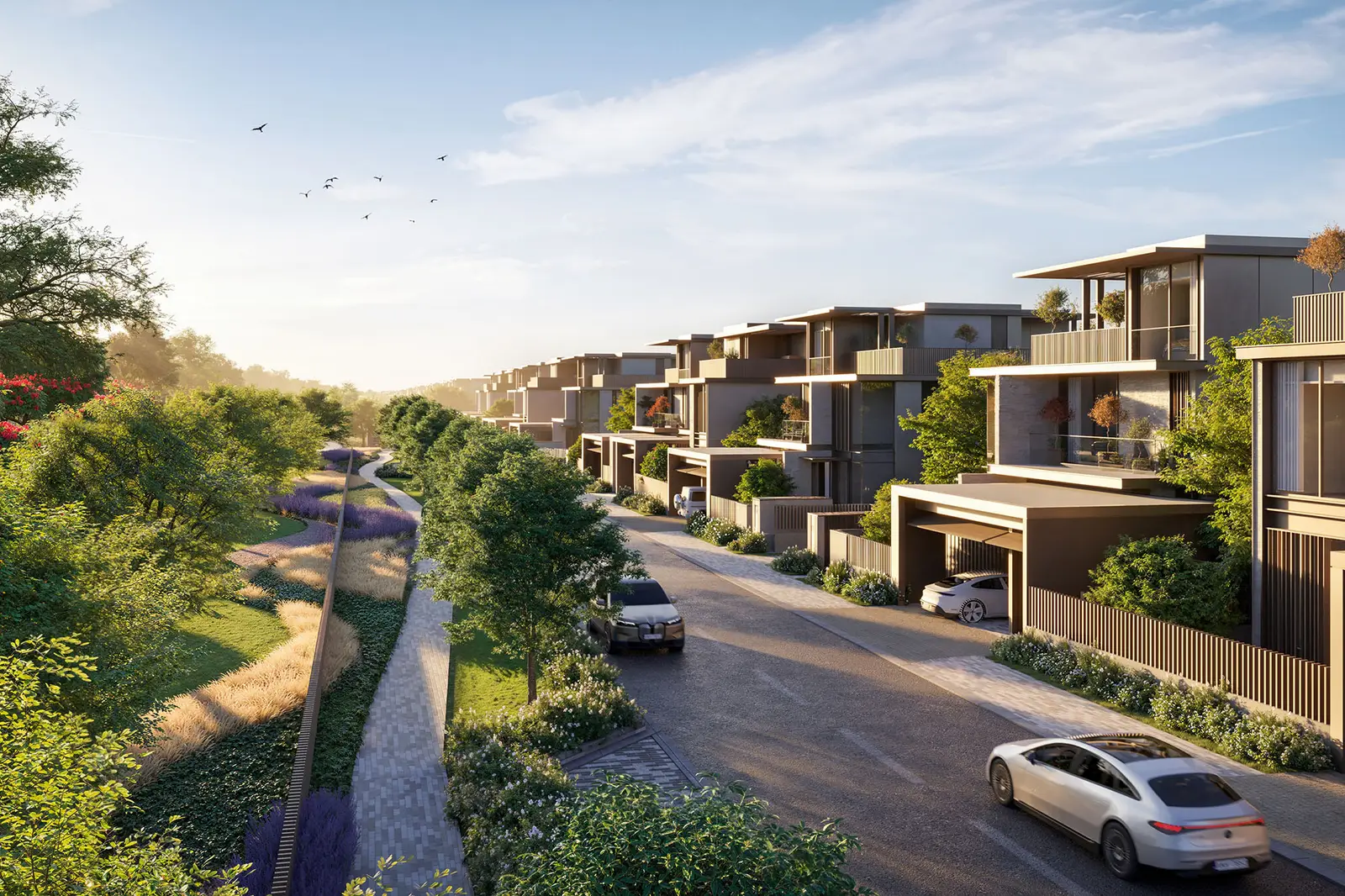 Rendering of a Phase 12 villa street beside a landscaped channel