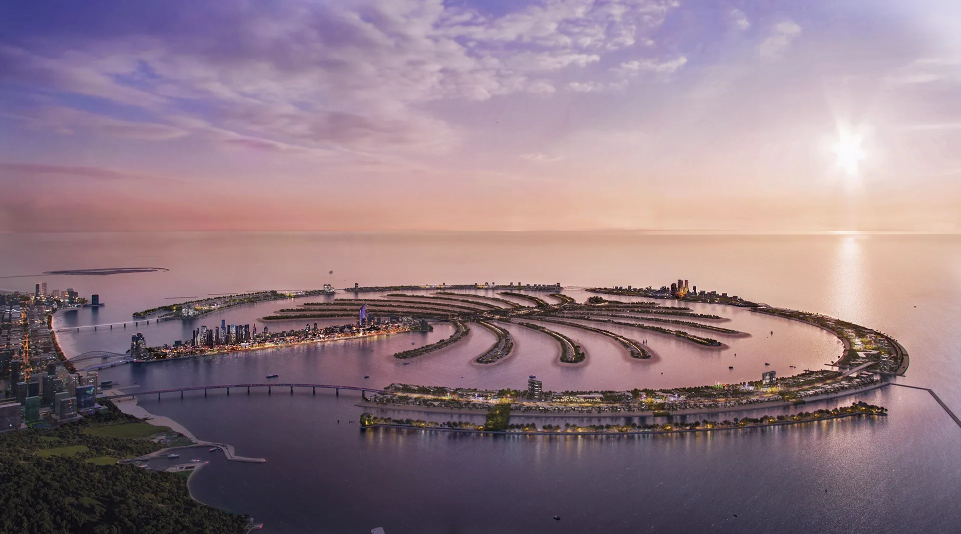 Aerial rendering of the Palm Jebel Ali masterplan with its fronds and central spine