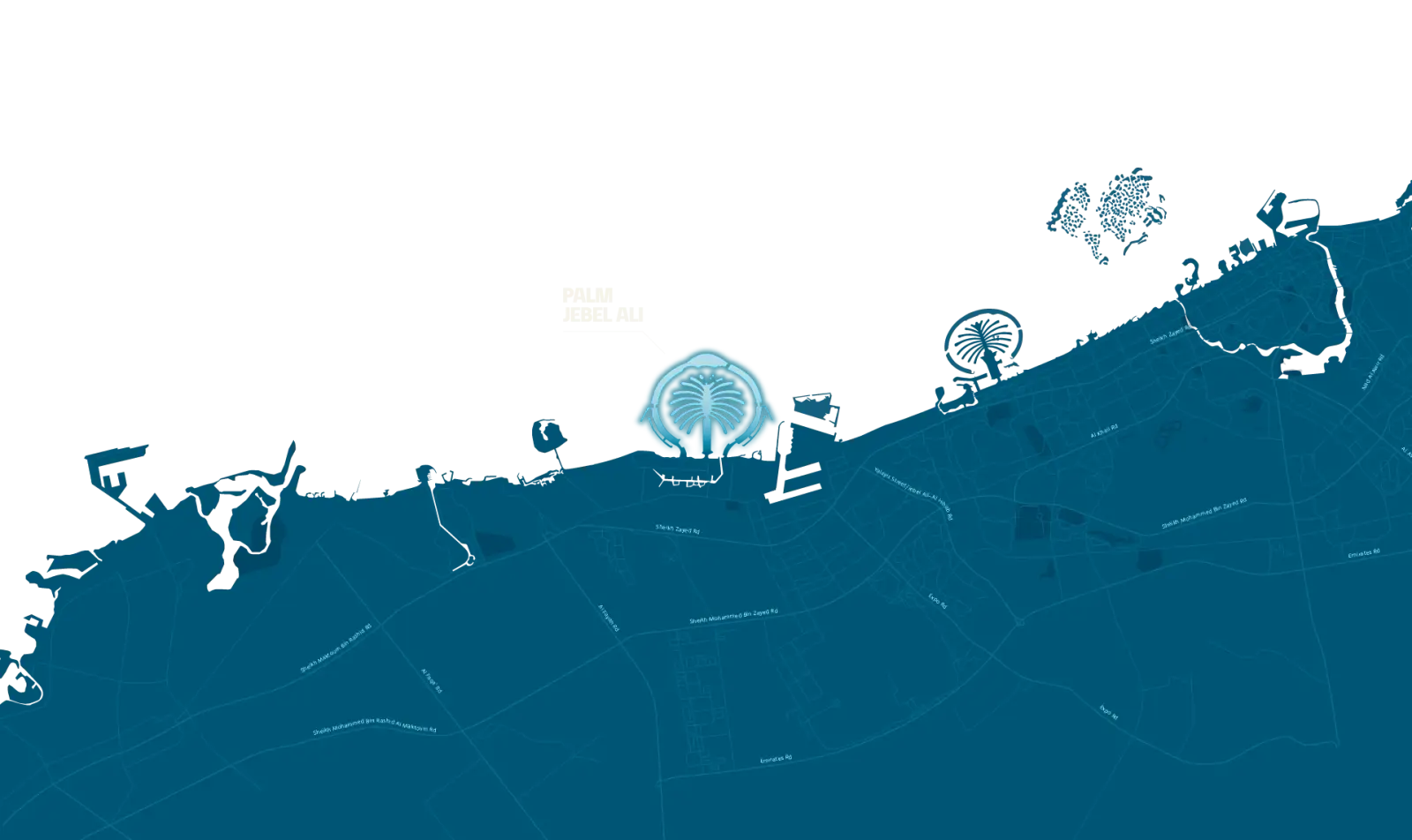 Stylised map of the Dubai coast from Ghantoot to Downtown Dubai, with Palm Jebel Ali highlighted