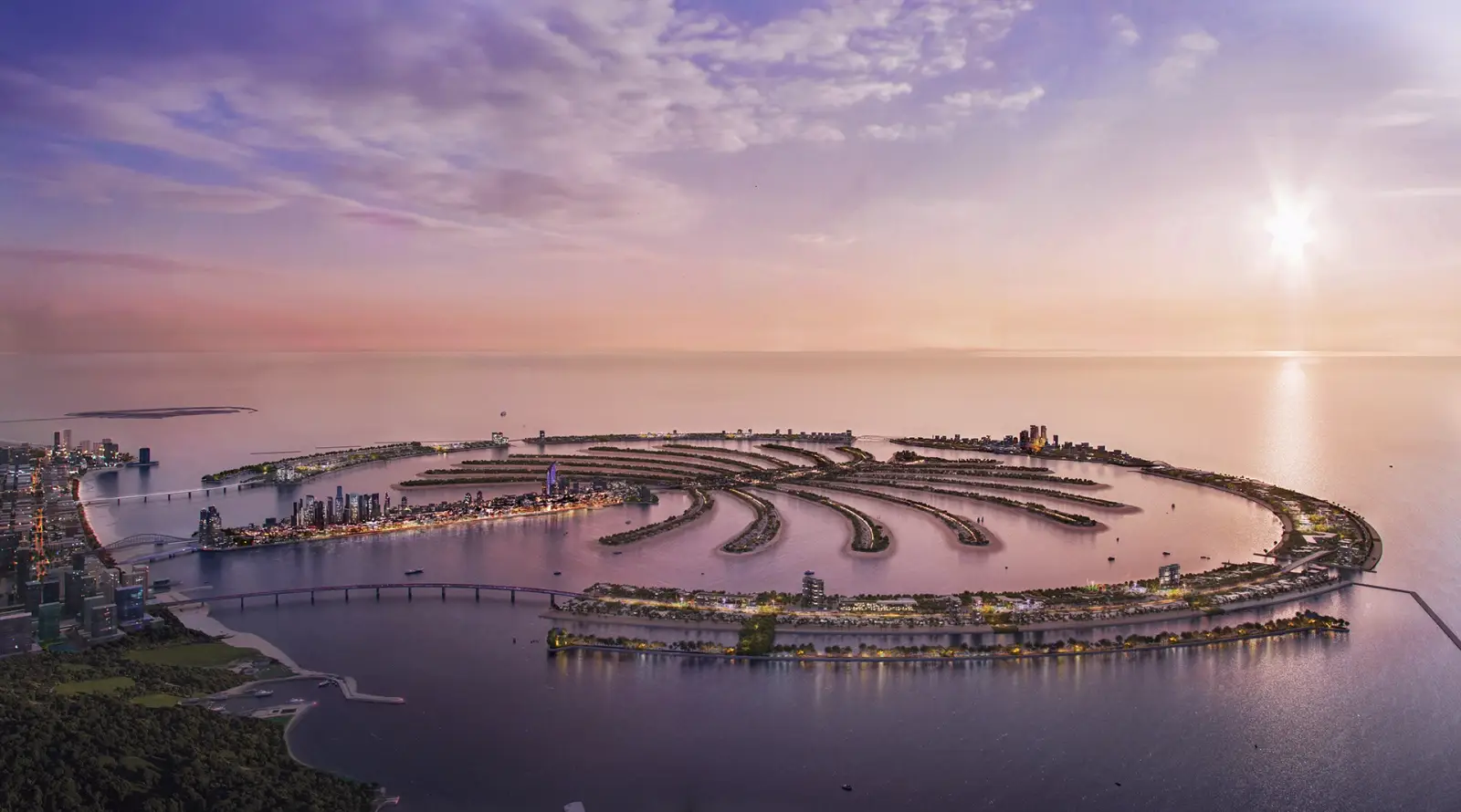 Aerial rendering of Palm Jebel Ali at dusk, seen from the mainland, with the fronds and outer crescents
