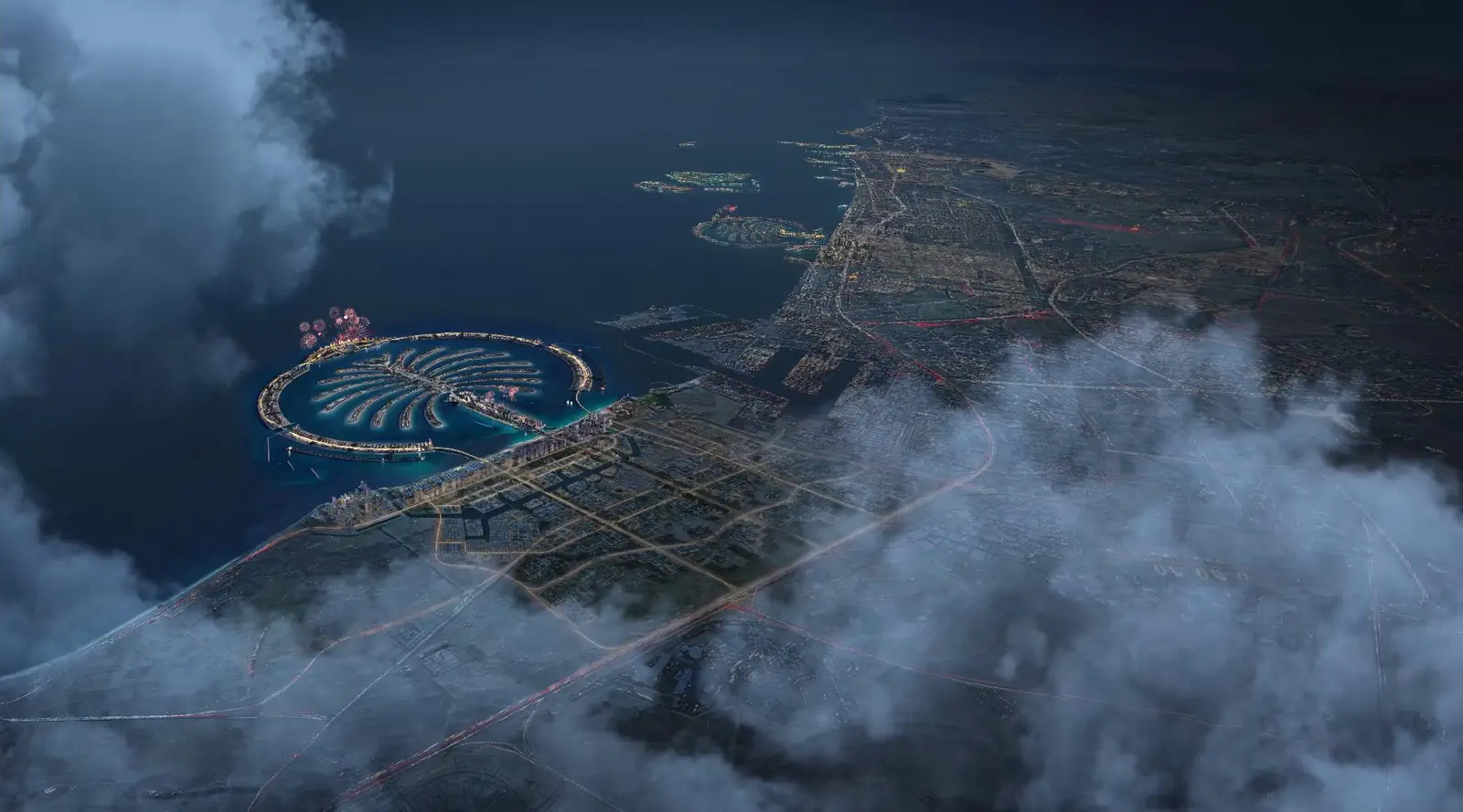 Night-time aerial rendering of Palm Jebel Ali and the Dubai coast seen through clouds